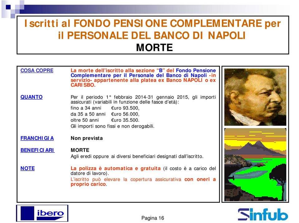 Per il periodo 1 febbraio 2014-31 gennaio 2015, gli importi assicurati (variabili in funzione delle fasce d età): fino a 34 anni uro 93.500, da 35 a 50 anni uro 56.000, oltre 50 anni uro 35.500. Gli importi sono fissi e non derogabili.