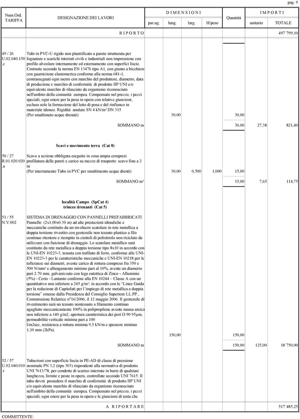 Costruite secondo la norma EN 13476 tipo A1, con giunto a bicchiere con guarnizione elastomerica conforme alla norma 681-1, contrassegnati ogni metro con marchio del produttore, diametro, data di