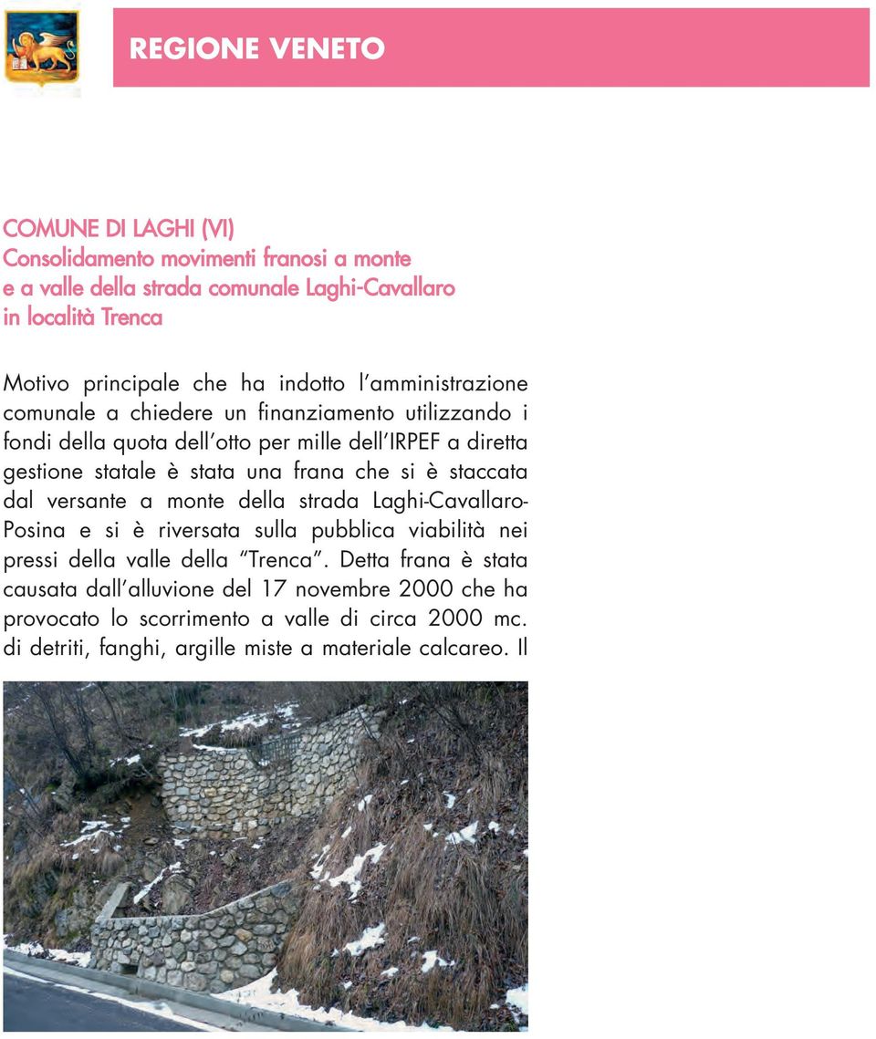 frana che si è staccata dal versante a monte della strada Laghi-Cavallaro- Posina e si è riversata sulla pubblica viabilità nei pressi della valle della Trenca.