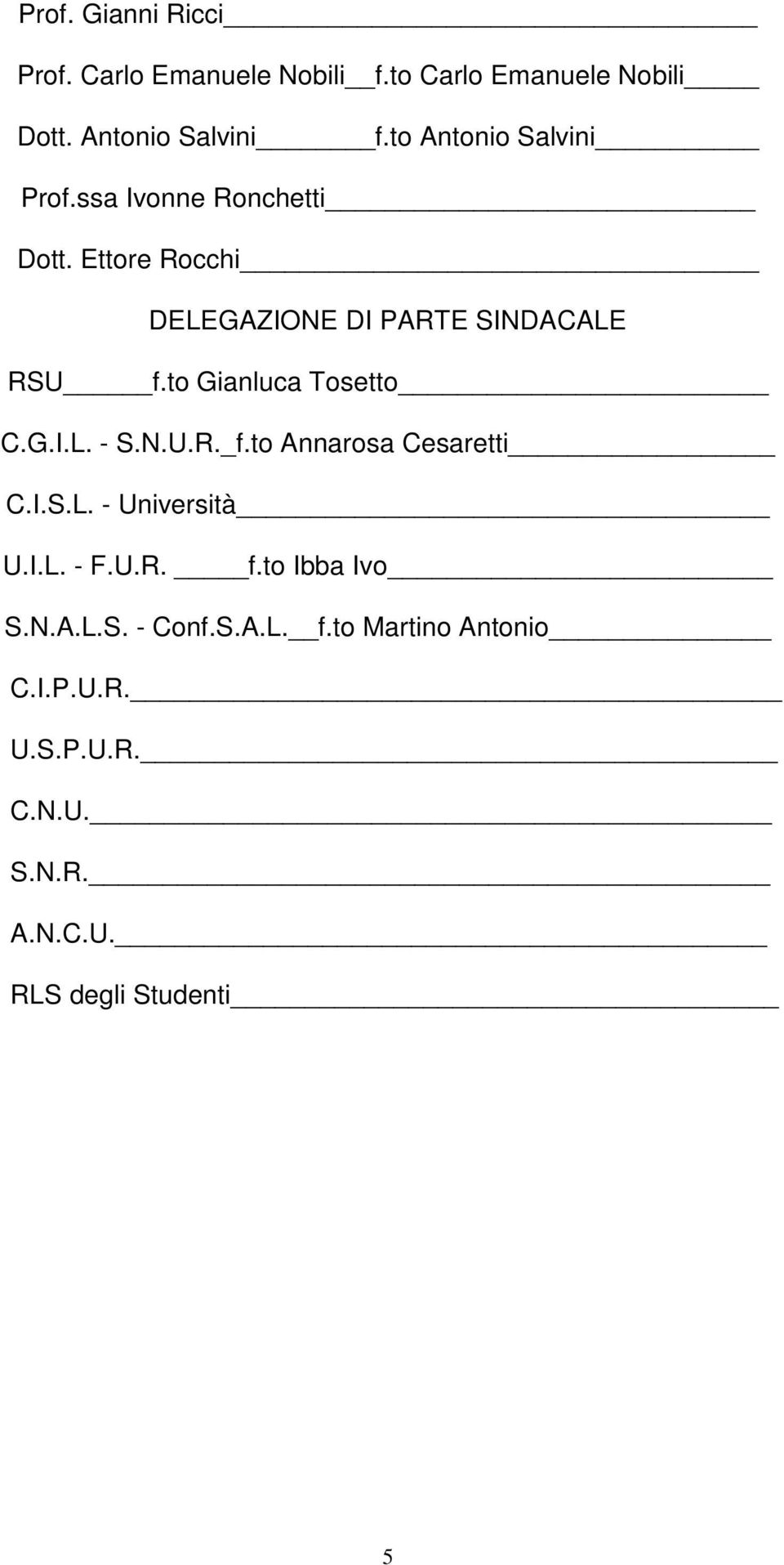 to Gianluca Tosetto C.G.I.L. - S.N.U.R._f.to Annarosa Cesaretti C.I.S.L. - Università U.I.L. - F.U.R. f.