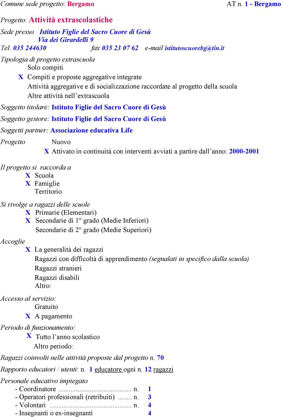 it Tipologia di progetto extrascuola Solo compiti X Compiti e proposte aggregative integrate Attività aggregative e di socializzazione raccordate al progetto della scuola Altre attività nell