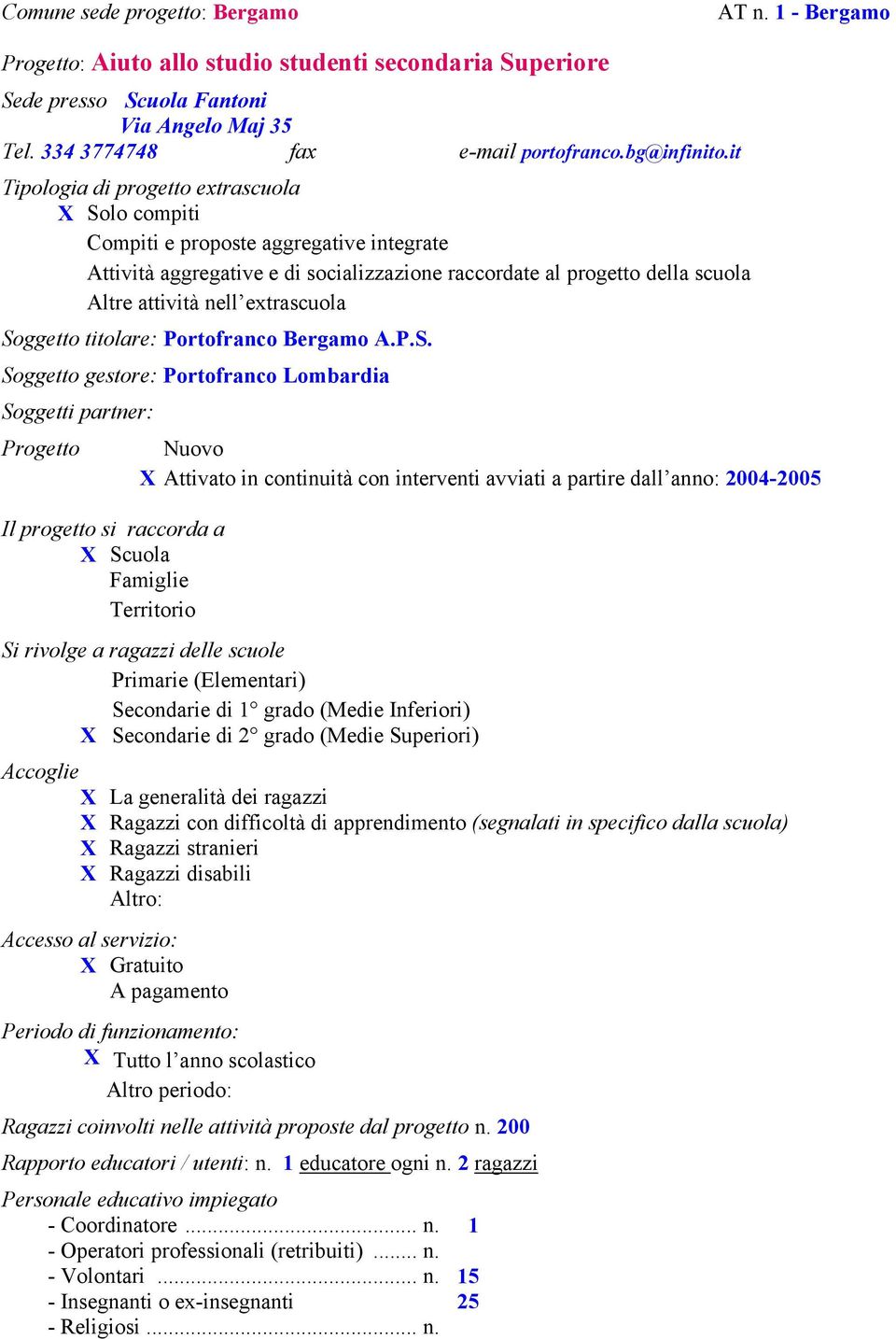 it Tipologia di progetto extrascuola X Solo compiti Compiti e proposte aggregative integrate Attività aggregative e di socializzazione raccordate al progetto della scuola Altre attività nell