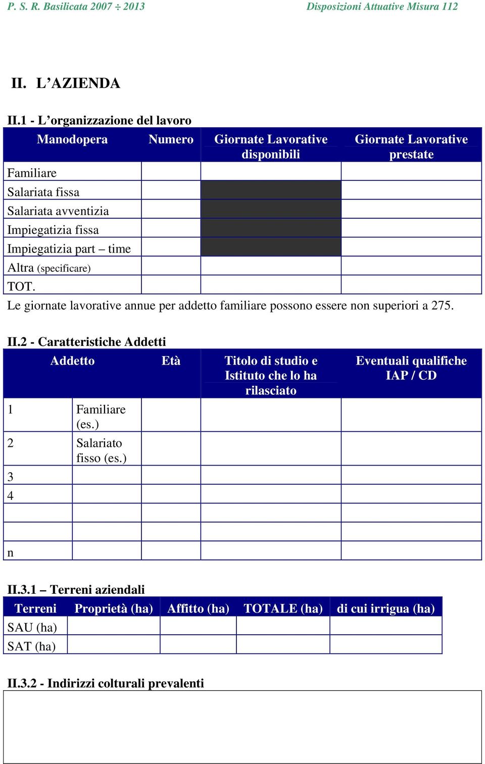 part time Altra (specificare) TOT. Giornate Lavorative prestate Le giornate lavorative annue per addetto familiare possono essere non superiori a 275. II.