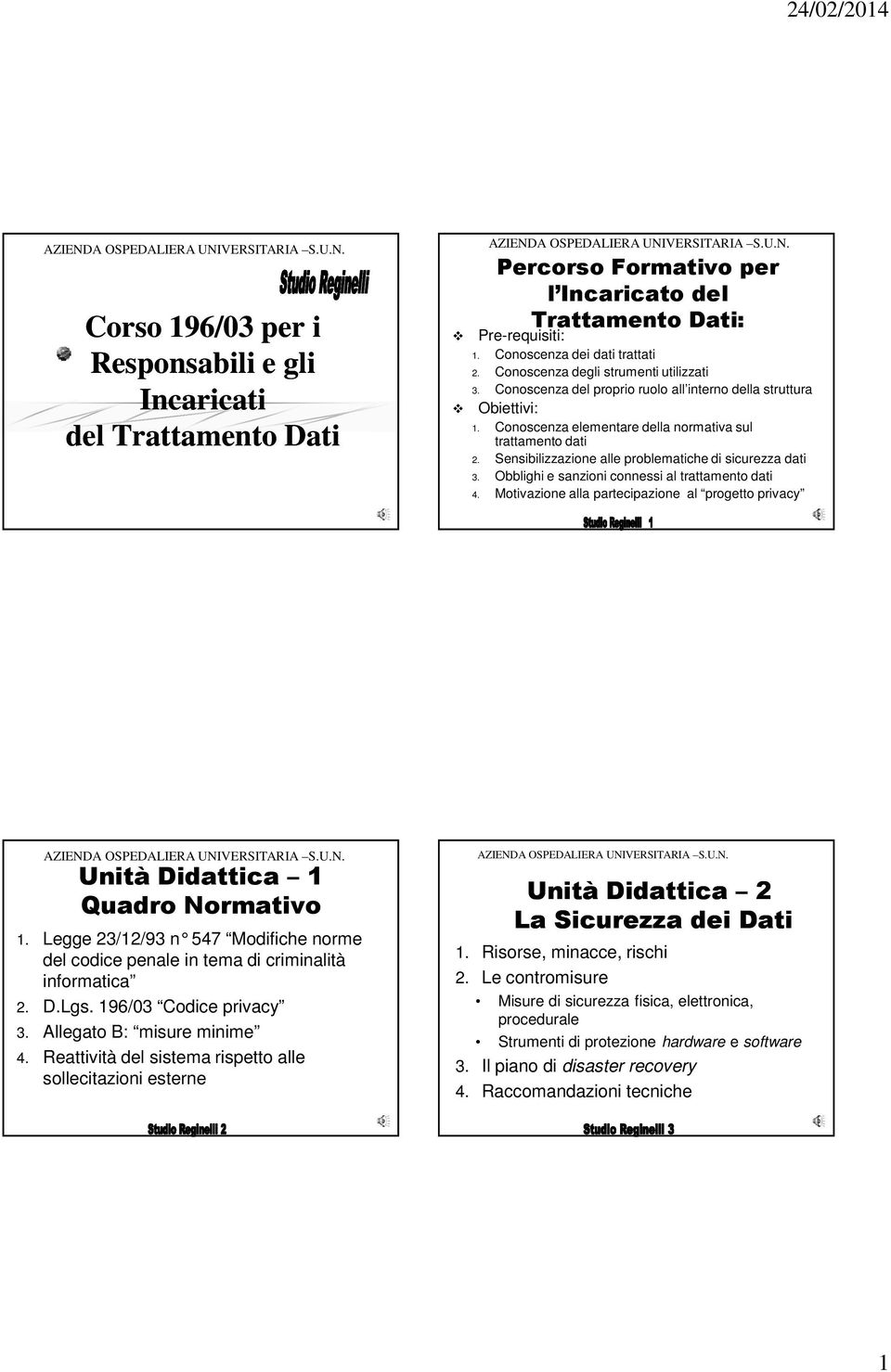 Sensibilizzazione alle problematiche di sicurezza dati 3. Obblighi e sanzioni connessi al trattamento dati 4. Motivazione alla partecipazione al progetto privacy Unità Didattica 1 Quadro Normativo 1.