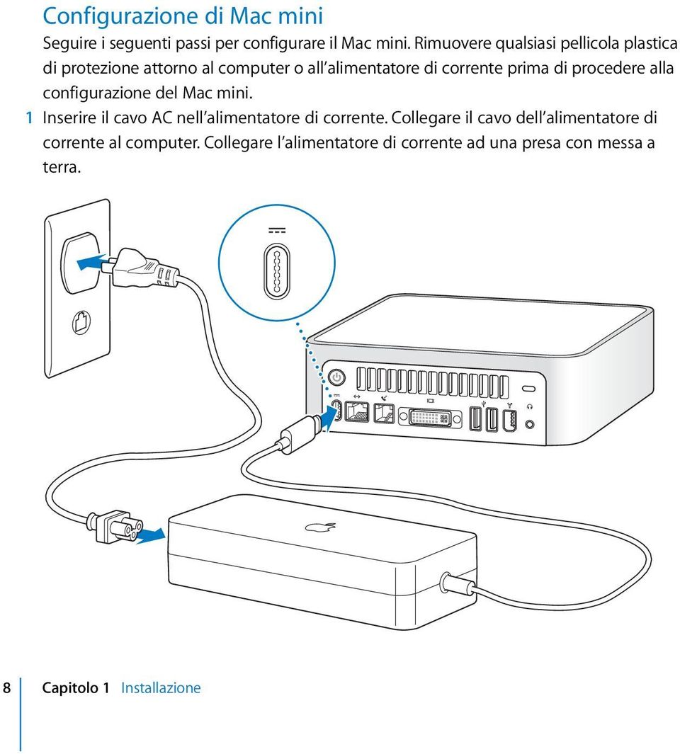 di procedere alla configurazione del Mac mini. 1 Inserire il cavo AC nell alimentatore di corrente.