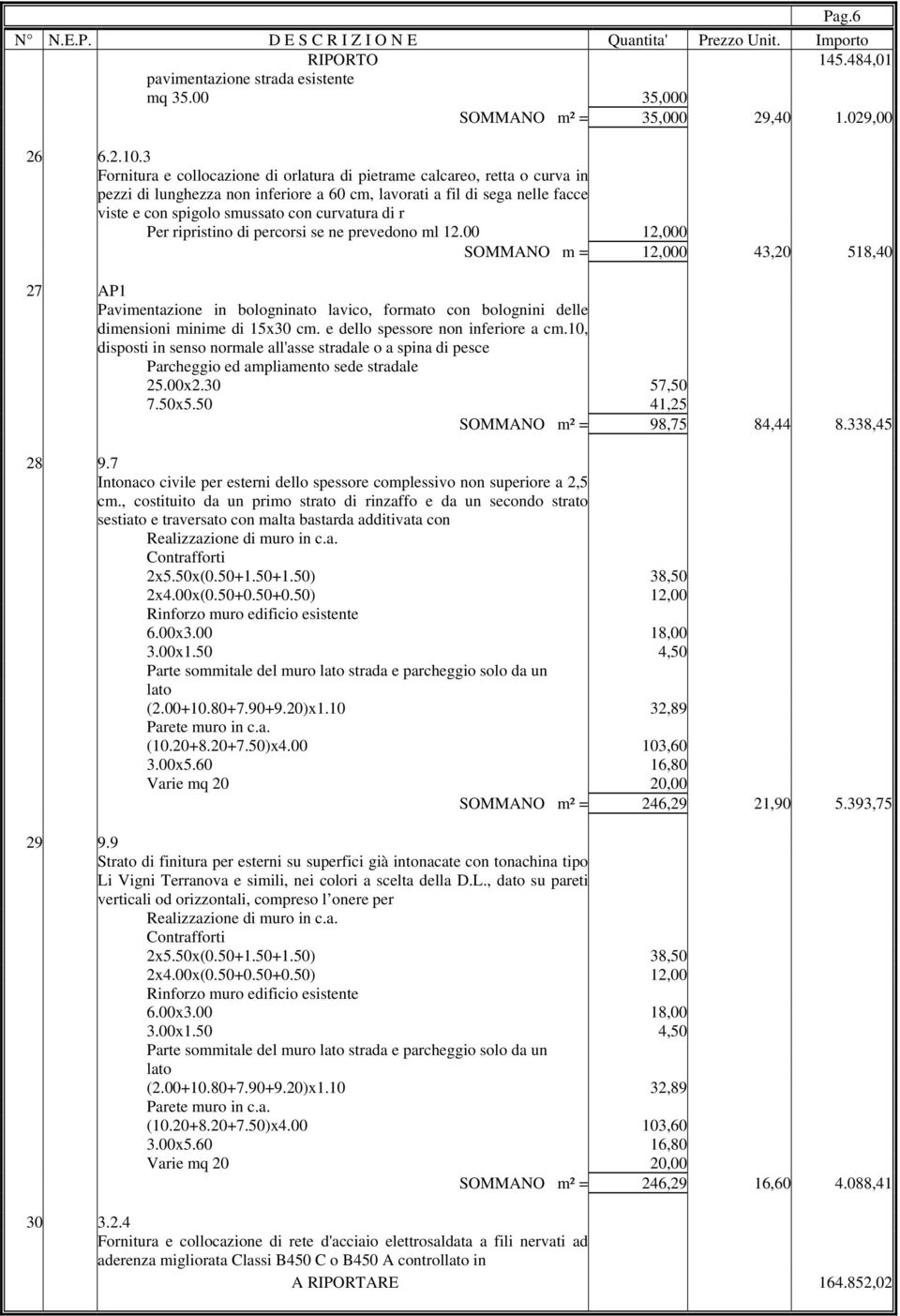 di r Per ripristino di percorsi se ne prevedono ml 12.00 12,000 SOMMANO m = 12,000 43,20 518,40 27 AP1 Pavimentazione in bologninato lavico, formato con bolognini delle dimensioni minime di 15x30 cm.