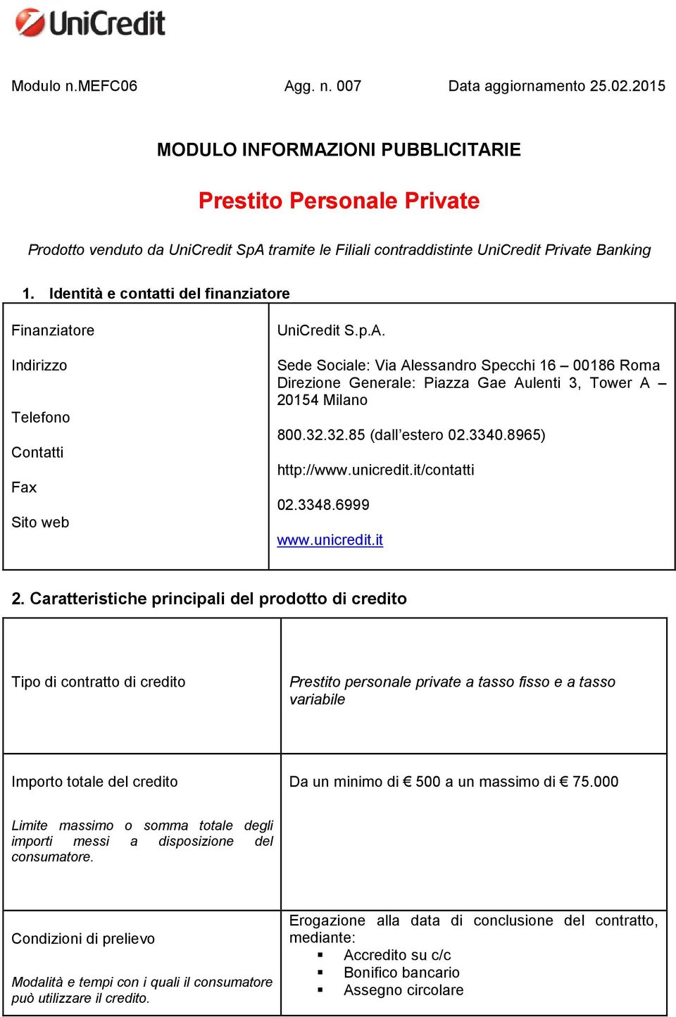 Identità e contatti del finanziatore Finanziatore Indirizzo Telefono Contatti Fax Sito web UniCredit S.p.A.