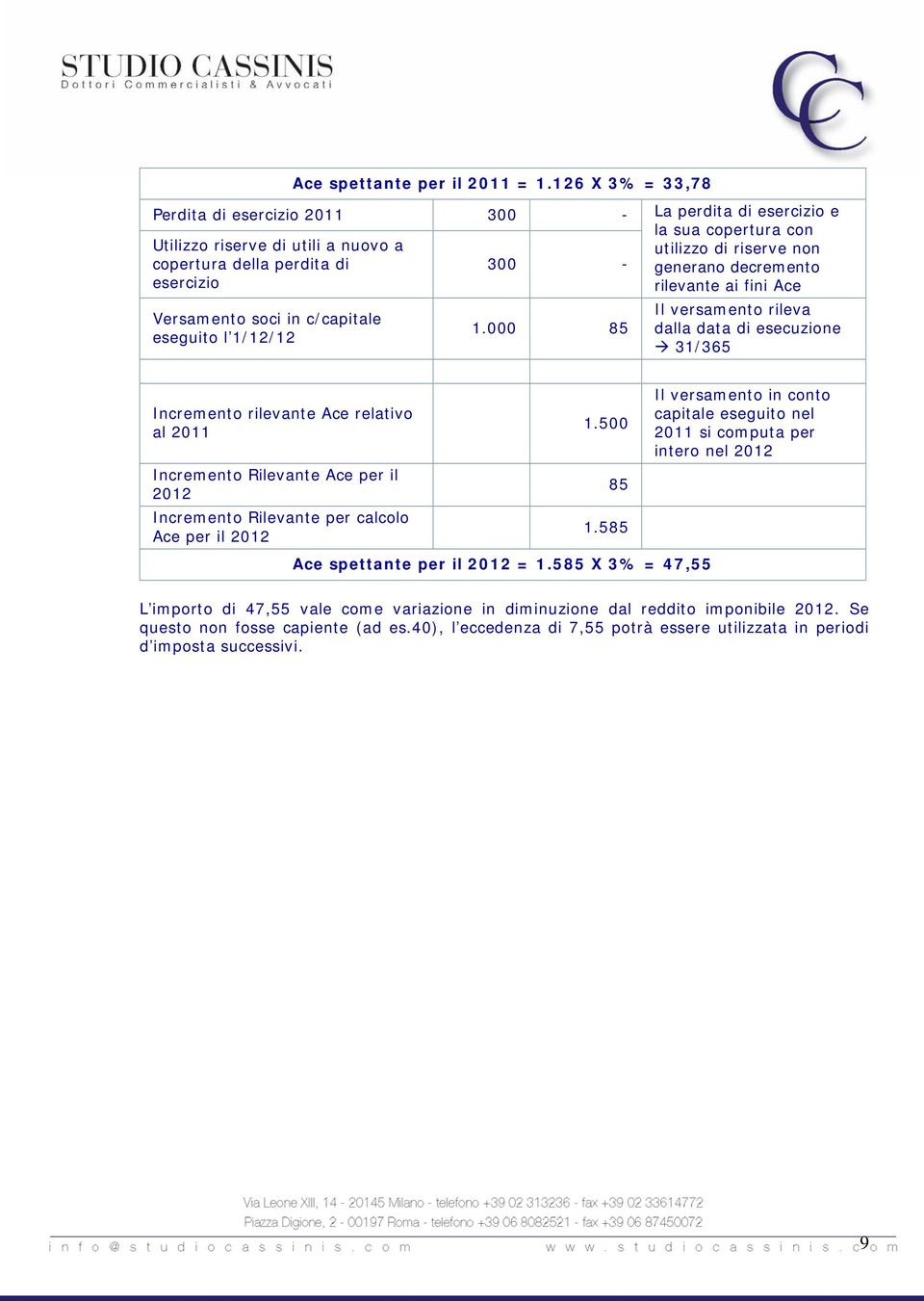 000 85 La perdita di esercizio e la sua copertura con utilizzo di riserve non generano decremento rilevante ai fini Ace Il versamento rileva dalla data di esecuzione 31/365 Incremento rilevante Ace