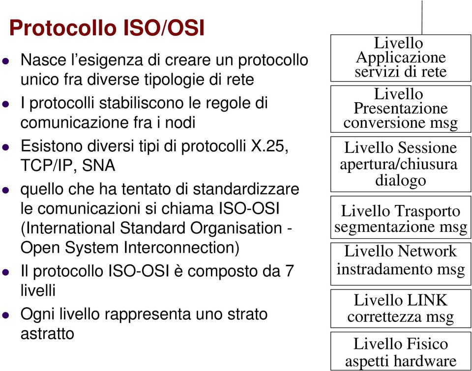 25, TCP/IP, SNA quello che ha tentato di standardizzare le comunicazioni si chiama ISO-OSI (International Standard Organisation - Open System Interconnection) Il protocollo