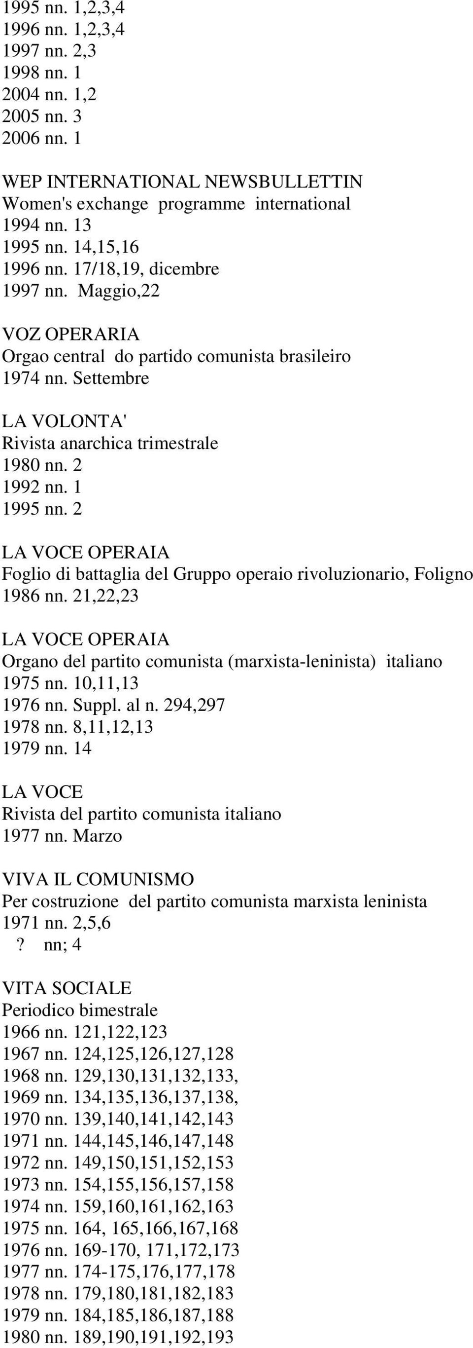 1 1995 nn. 2 LA VOCE OPERAIA Foglio di battaglia del Gruppo operaio rivoluzionario, Foligno 1986 nn. 21,22,23 LA VOCE OPERAIA Organo del partito comunista (marxista-leninista) italiano 1975 nn.
