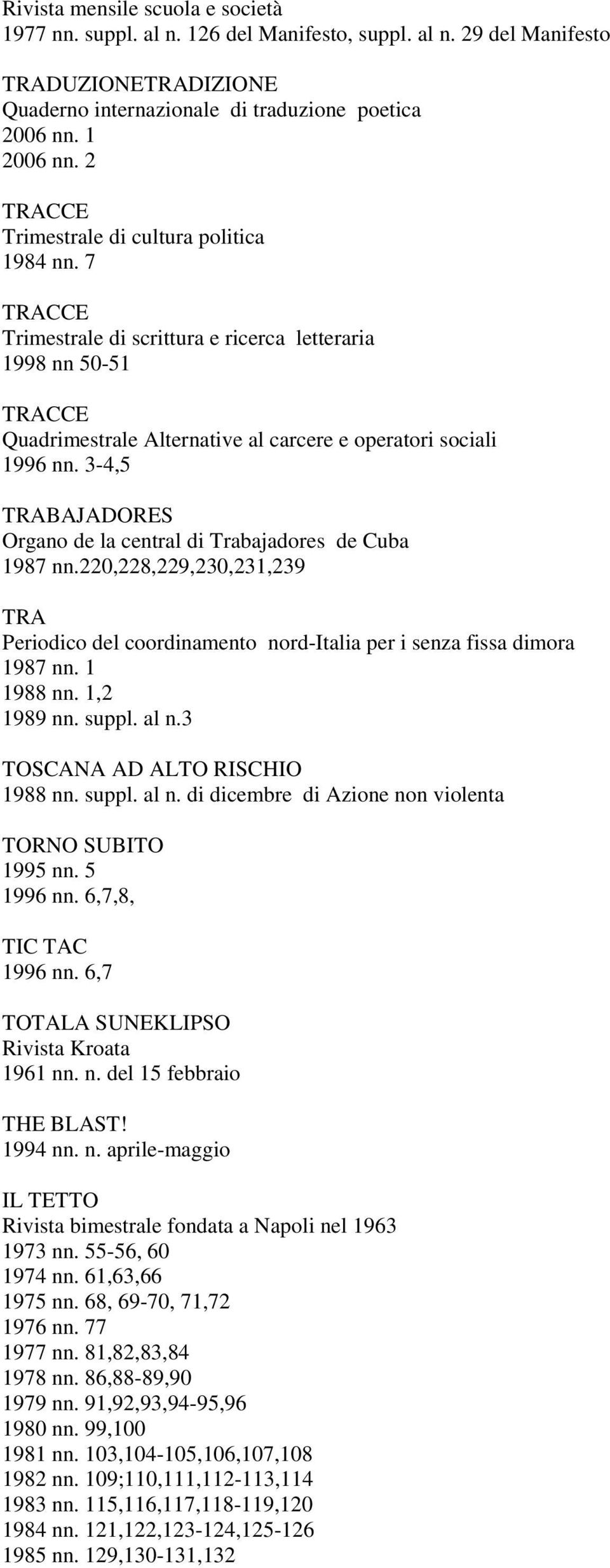 3-4,5 TRABAJADORES Organo de la central di Trabajadores de Cuba 1987 nn.220,228,229,230,231,239 TRA Periodico del coordinamento nord-italia per i senza fissa dimora 1987 nn. 1 1988 nn. 1,2 1989 nn.