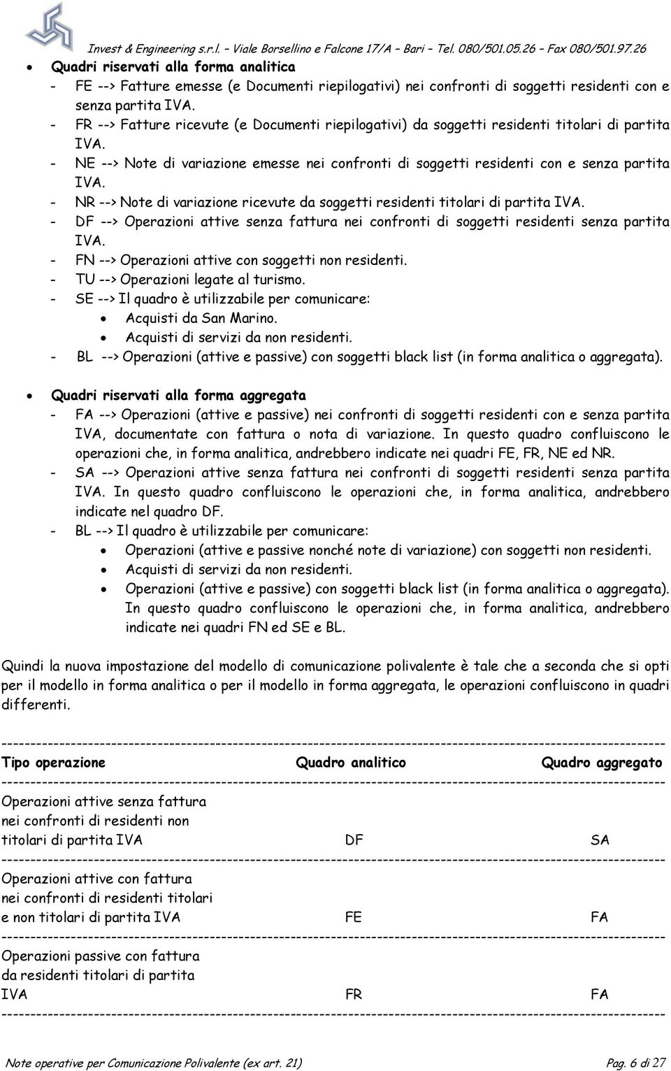 - NR --> Note di variazione ricevute da soggetti residenti titolari di partita IVA. - DF --> Operazioni attive senza fattura nei confronti di soggetti residenti senza partita IVA.