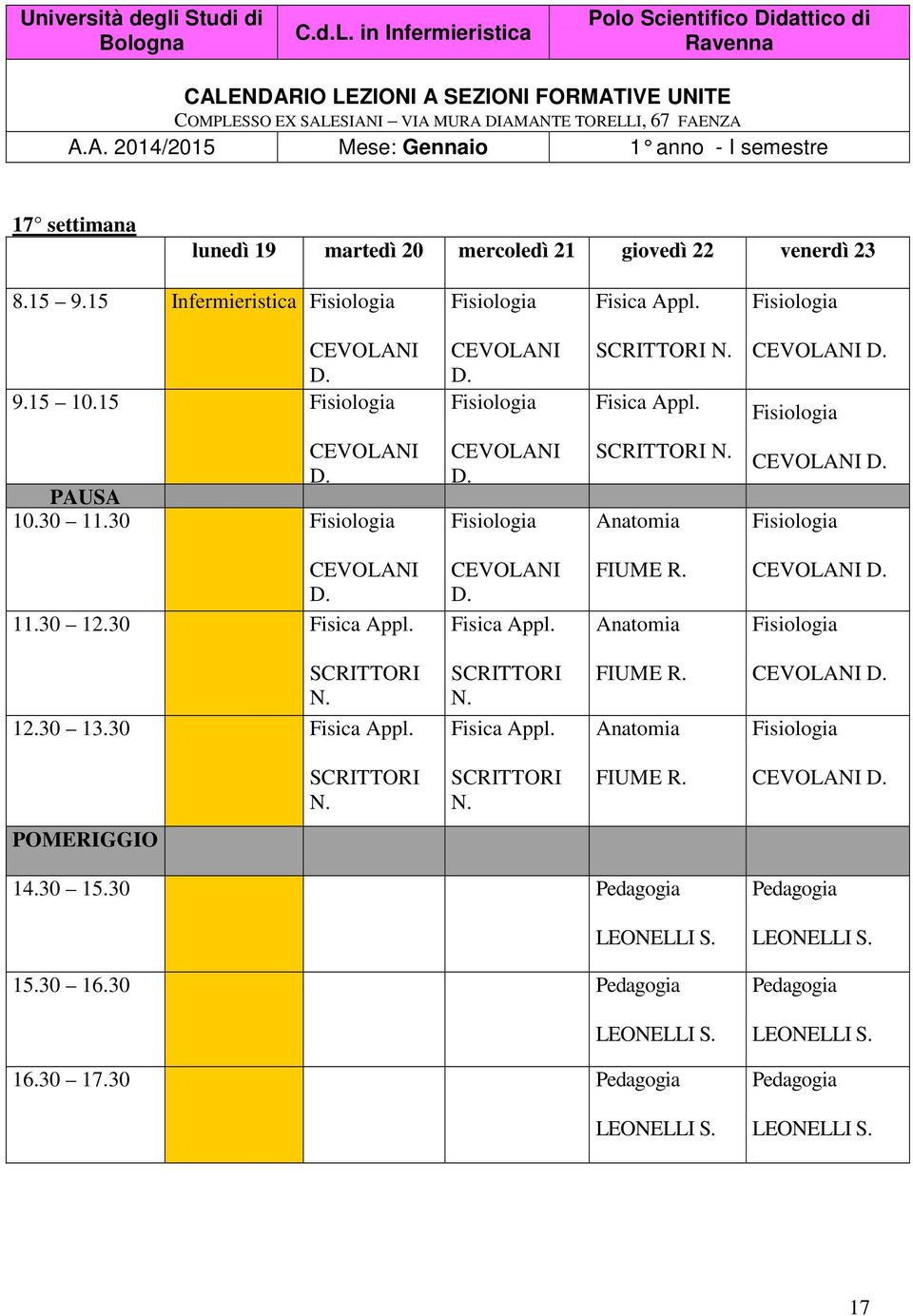 20 mercoledì 21 giovedì 22 venerdì 23 8.15 9.15 Infermieristica CEVOLANI D. 9.15 10.