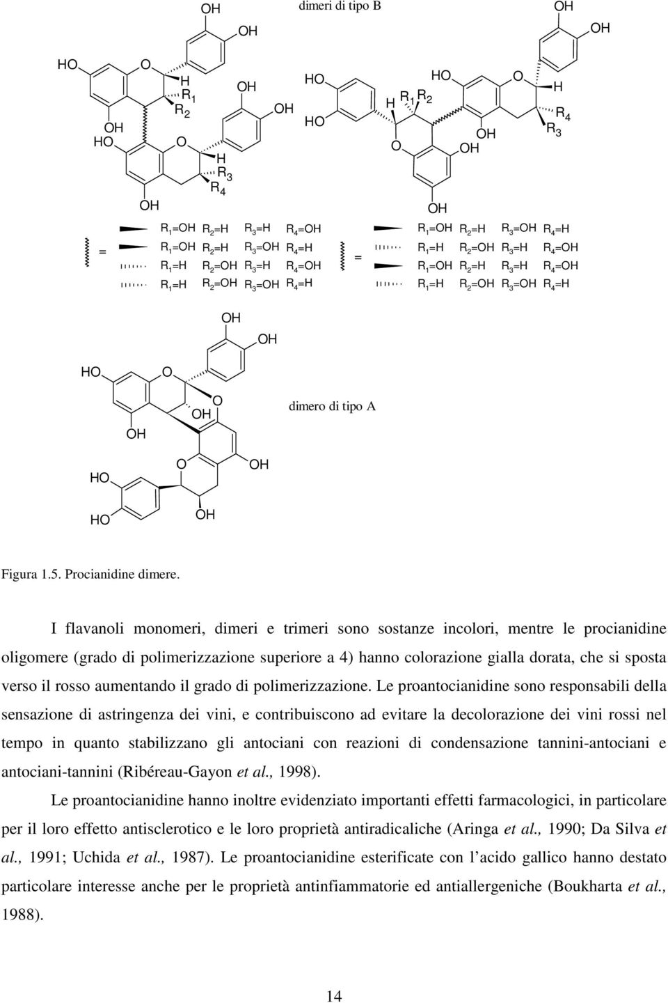 I flavanoli monomeri, dimeri e trimeri sono sostanze incolori, mentre le procianidine oligomere (grado di polimerizzazione superiore a 4) hanno colorazione gialla dorata, che si sposta verso il rosso