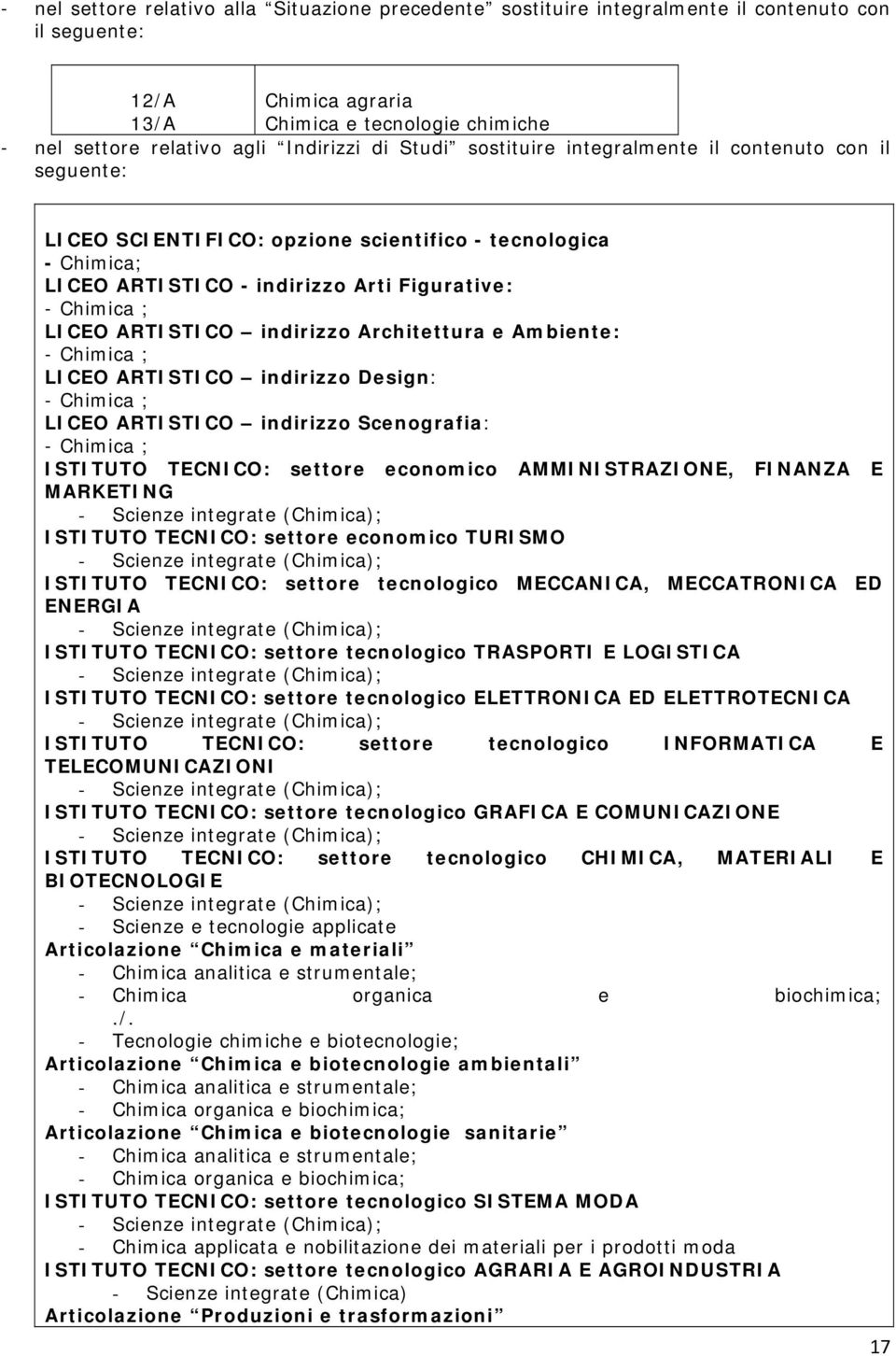 ARTISTICO indirizzo Architettura e Ambiente: - Chimica ; LICEO ARTISTICO indirizzo Design: - Chimica ; LICEO ARTISTICO indirizzo Scenografia: - Chimica ; ISTITUTO TECNICO: settore economico