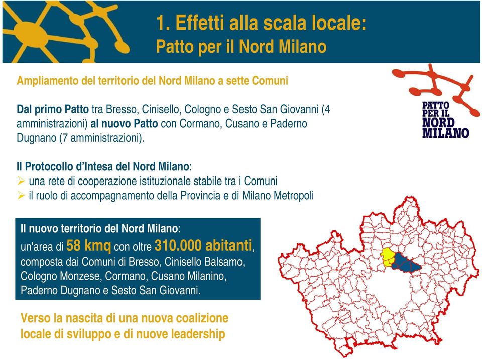 Il Protocollo d Intesa del Nord Milano: una rete di cooperazione istituzionale stabile tra i Comuni il ruolo di accompagnamento della Provincia e di Milano Metropoli Il nuovo