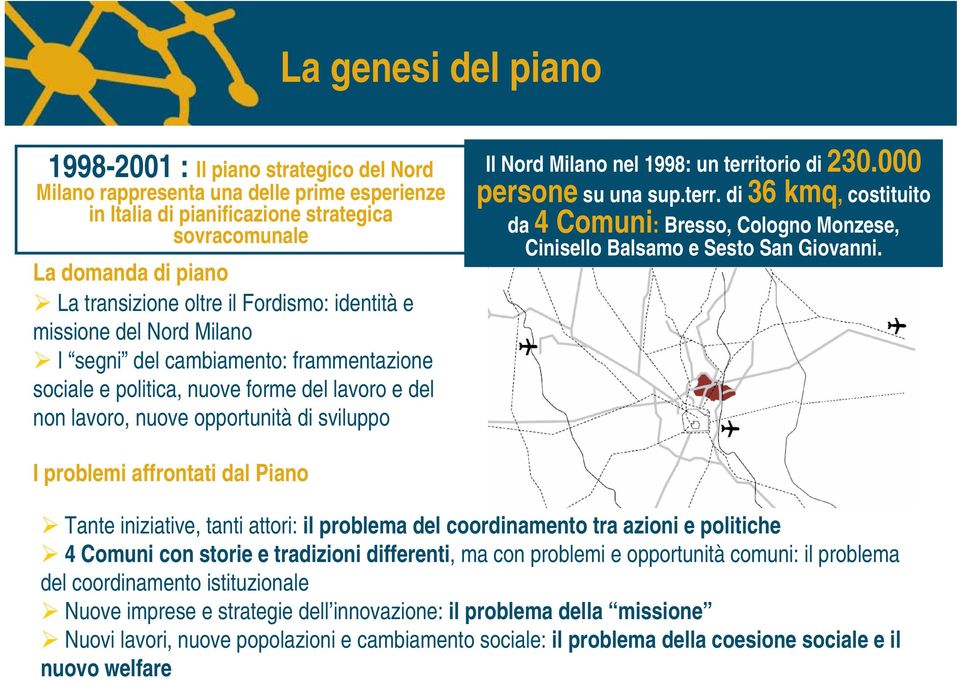Milano nel 1998: un territorio di 230.000 persone su una sup.terr. di 36 kmq, costituito da 4 Comuni: Bresso, Cologno Monzese, Cinisello Balsamo e Sesto San Giovanni.