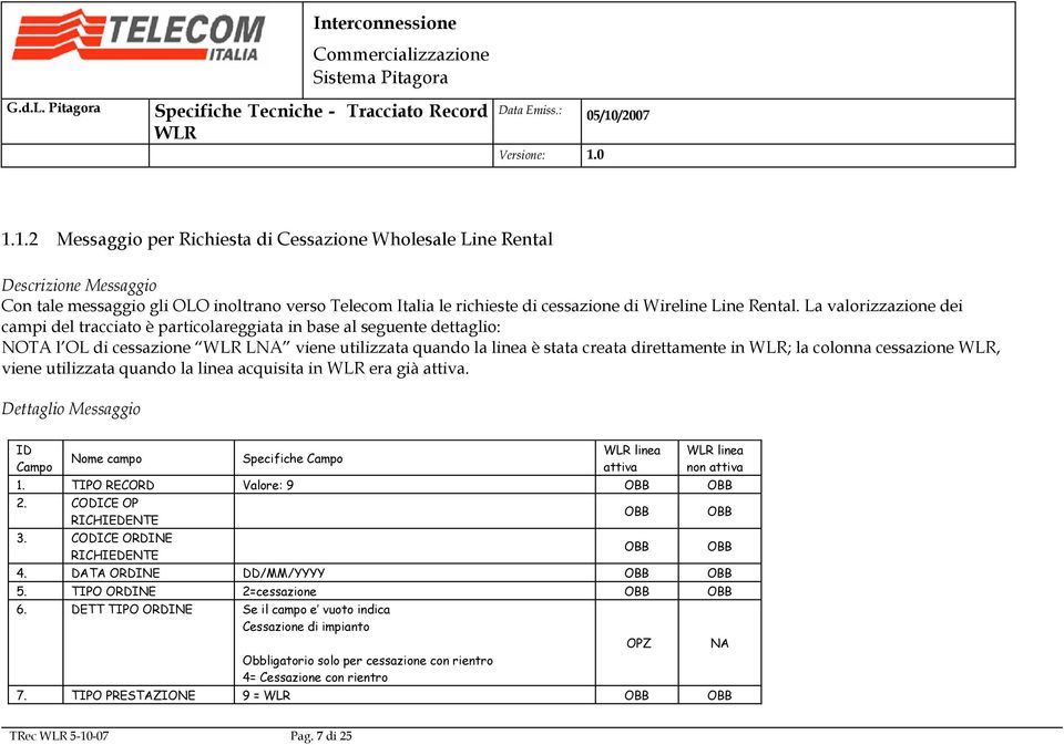 cessazione, viene utilizzata quando la linea acquisita in era già attiva. Dettaglio Messaggio Nome campo Specifiche linea attiva linea non attiva 1. TIPO RECORD Valore: 9 2. CODICE OP 3.