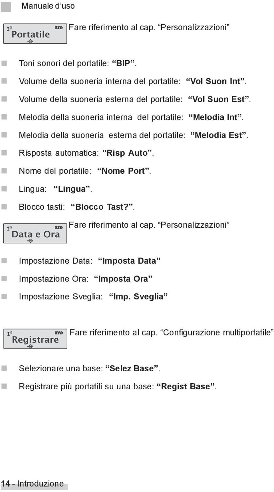 Risposta automatica: Risp Auto. Nome del portatile: Nome Port. Lingua: Lingua. Blocco tasti: Blocco Tast?. Fare riferimento al cap.