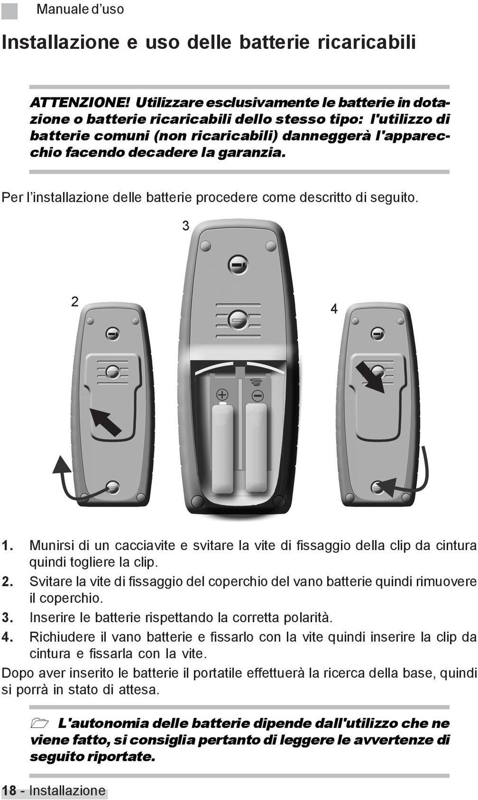 Per l installazione delle batterie procedere come descritto di seguito. 3 2 4 1. Munirsi di un cacciavite e svitare la vite di fissaggio della clip da cintura quindi togliere la clip. 2. Svitare la vite di fissaggio del coperchio del vano batterie quindi rimuovere il coperchio.