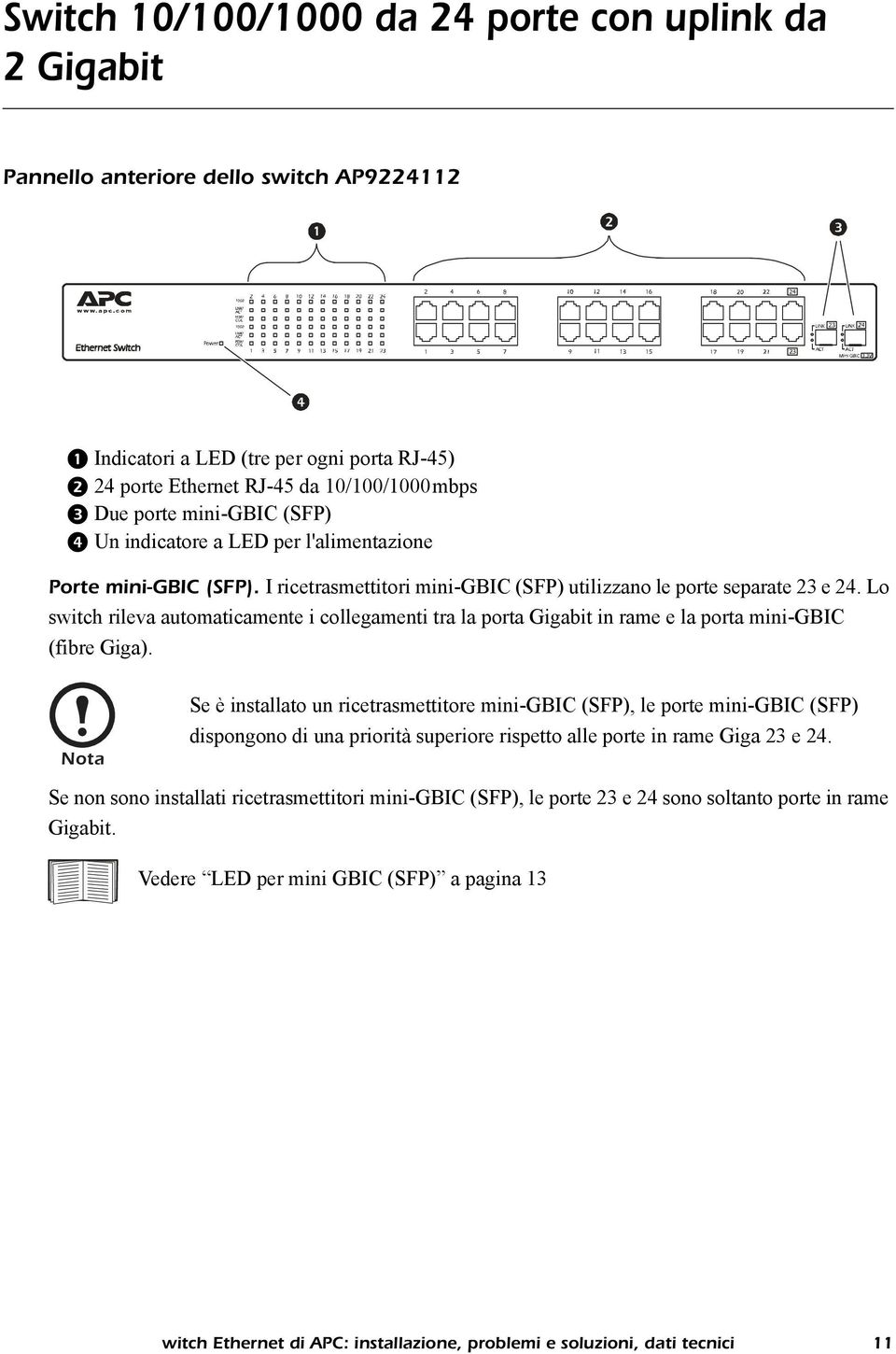 I ricetrasmettitori mini-gbic (SFP) utilizzano le porte separate 23 e 24. Lo switch rileva automaticamente i collegamenti tra la porta Gigabit in rame e la porta mini-gbic (fibre Giga).