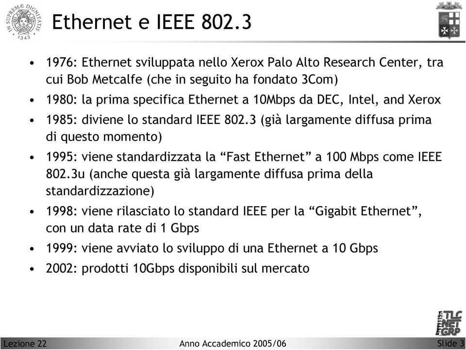 10Mbps da DEC, Intel, and Xerox 1985: diviene lo standard IEEE 802.