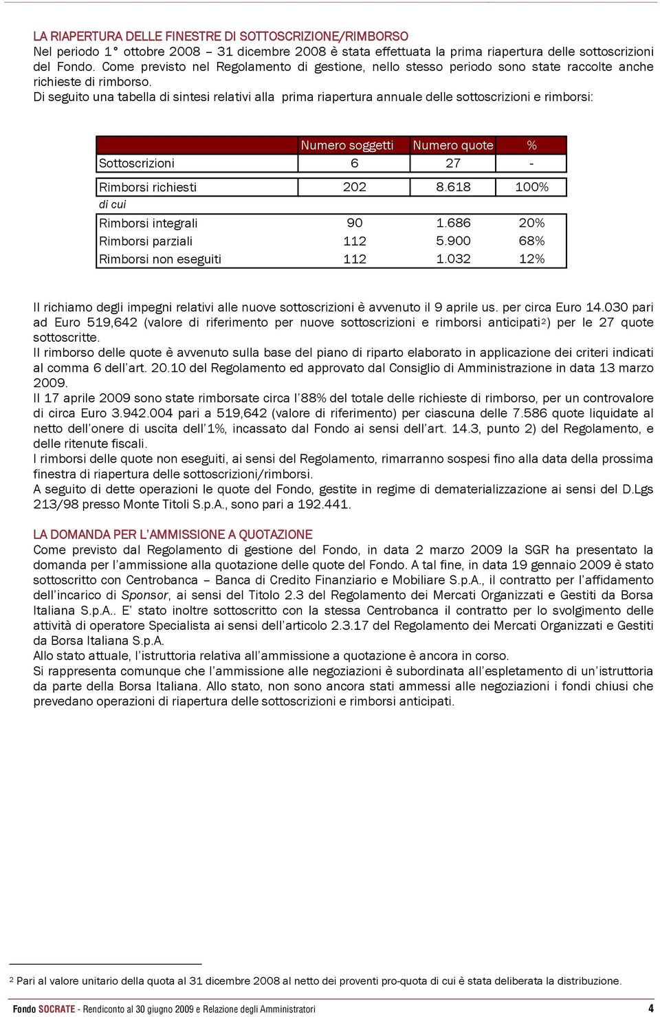 Di seguito una tabella di sintesi relativi alla prima riapertura annuale delle sottoscrizioni e rimborsi: Numero soggetti Numero quote % Sottoscrizioni 6 27 - Rimborsi richiesti 202 8.