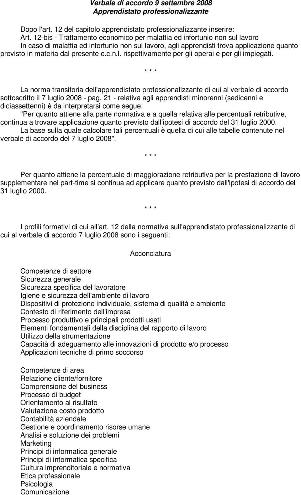 c.c.n.l. rispettivamente per gli operai e per gli impiegati. La norma transitoria dell'apprendistato professionalizzante di cui al verbale di accordo sottoscritto il 7 luglio 2008 - pag.