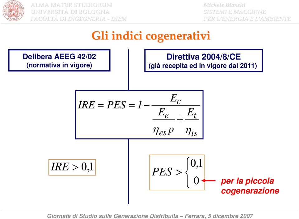 recepita ed in vigore dal 2011) IRE = PES = 1 η E es
