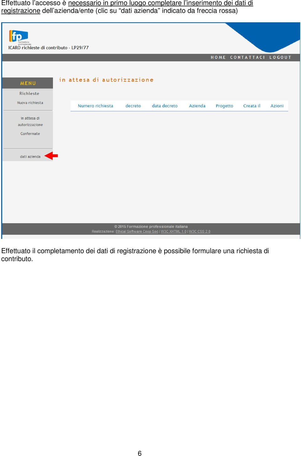 dati azienda indicato da freccia rossa) Effettuato il completamento