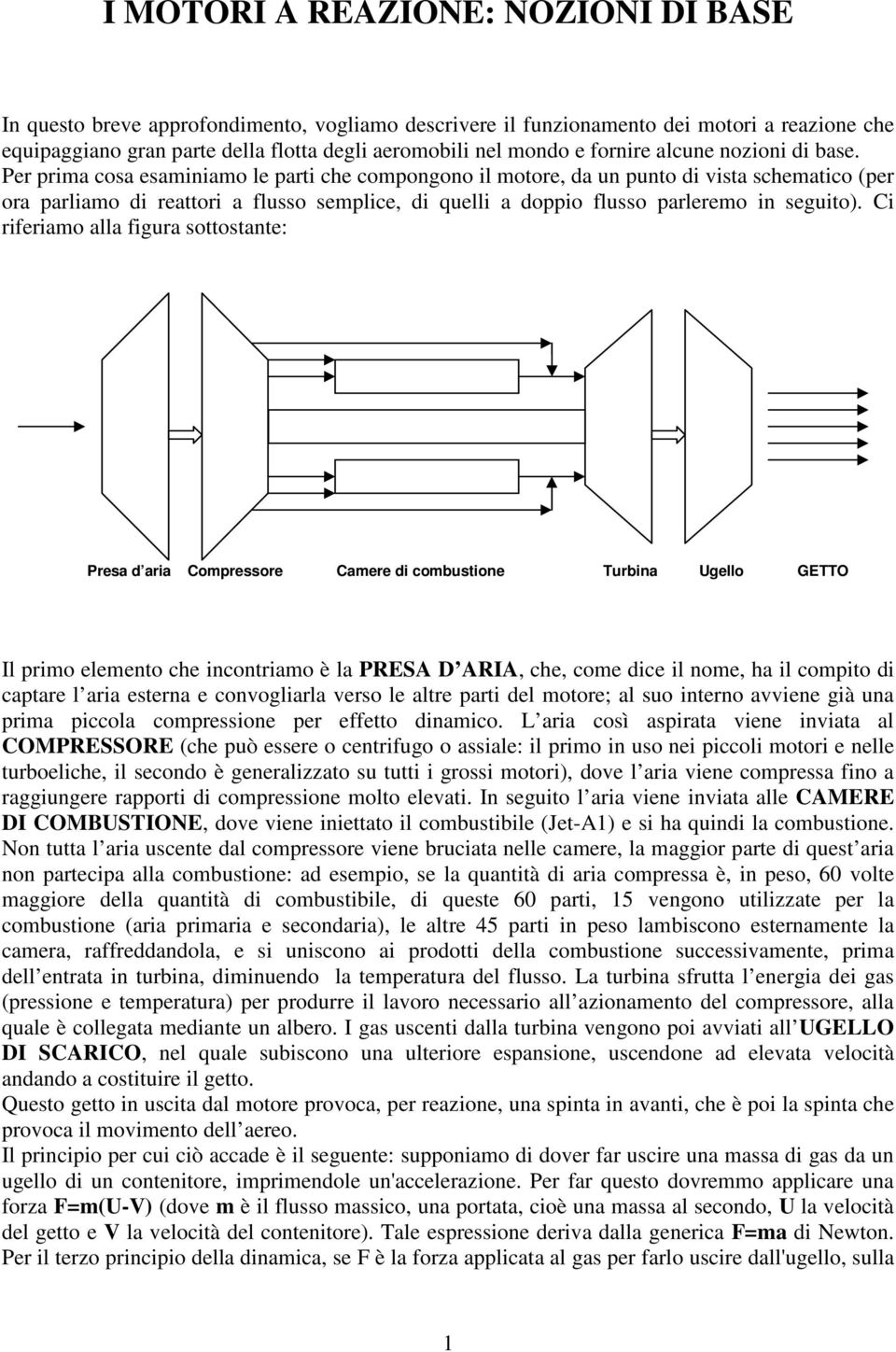 Per prima cosa esaminiamo le parti che compongono il motore, da un punto di vista schematico (per ora parliamo di reattori a flusso semplice, di quelli a doppio flusso parleremo in seguito).