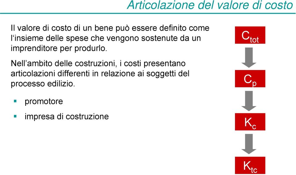 Nell ambito delle costruzioni, i costi presentano articolazioni differenti in