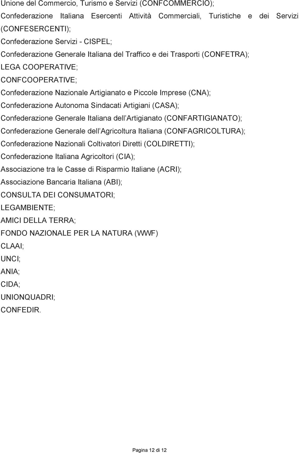 Sindacati Artigiani (CASA); Confederazione Generale Italiana dell Artigianato (CONFARTIGIANATO); Confederazione Generale dell Agricoltura Italiana (CONFAGRICOLTURA); Confederazione Nazionali