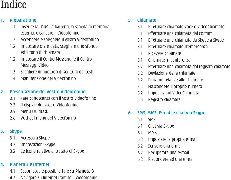 4 Manutenzione del Videofonino 2. Presentazione del vostro Videofonino 2.1 Fate conoscenza con il vostro Videofonino 2.3 Il display del vostro Videofonino 2.5 Menu Multitask 2.