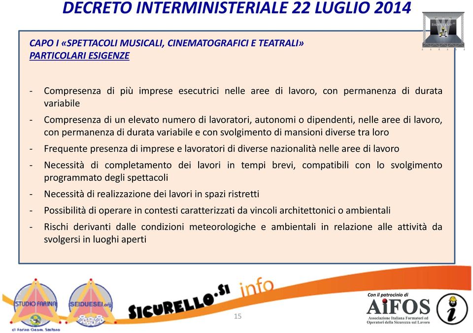 diverse nazionalità nelle aree di lavoro Necessità di completamento dei lavori in tempi brevi, compatibili con lo svolgimento programmato degli spettacoli Necessità di realizzazione dei lavori in