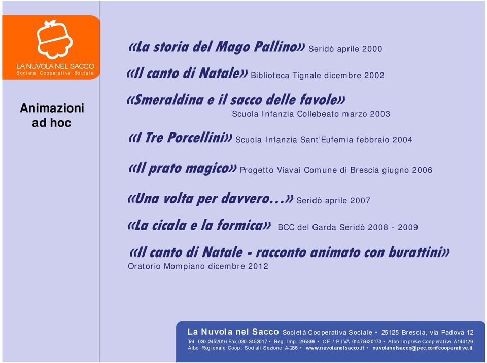 Eufemia febbraio 2004 «Il prato magico» Progetto Viavai Comune di Brescia giugno 2006 «Una volta per davvero» Seridò aprile 2007