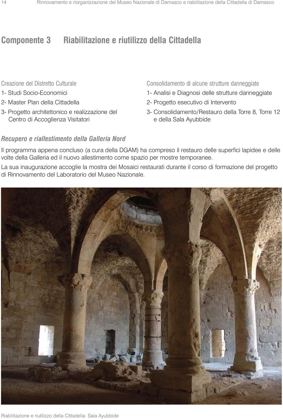 Analisi e Diagnosi delle strutture danneggiate 2- Progetto esecutivo di Intervento 3- Consolidamento / Restauro della Torre 8, Torre 12 e della Sala Ayubbide Recupero e riallestimento della Galleria