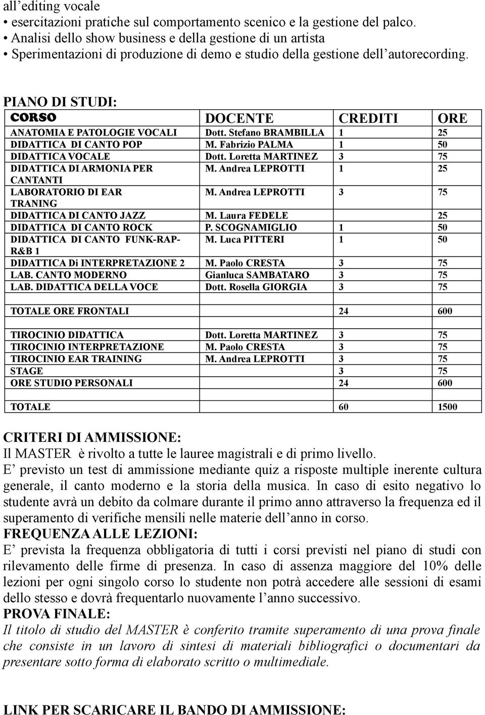 PIANO DI STUDI: CORSO DOCENTE CREDITI ORE ANATOMIA E PATOLOGIE VOCALI Dott. Stefano BRAMBILLA 1 25 DIDATTICA DI CANTO POP M. Fabrizio PALMA 1 50 DIDATTICA VOCALE Dott.