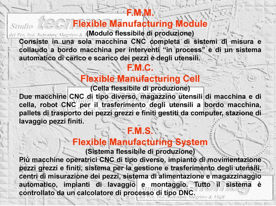 Flexible Manufacturing Cell (Cella flessibile di produzione) Due macchine CNC di tipo diverso, magazzino utensili di macchina e di cella, robot CNC per il trasferimento degli utensili a bordo