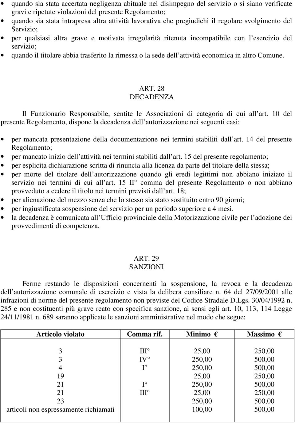 trasferito la rimessa o la sede dell attività economica in altro Comune. ART. 28 DECADENZA Il Funzionario Responsabile, sentite le Associazioni di categoria di cui all art.