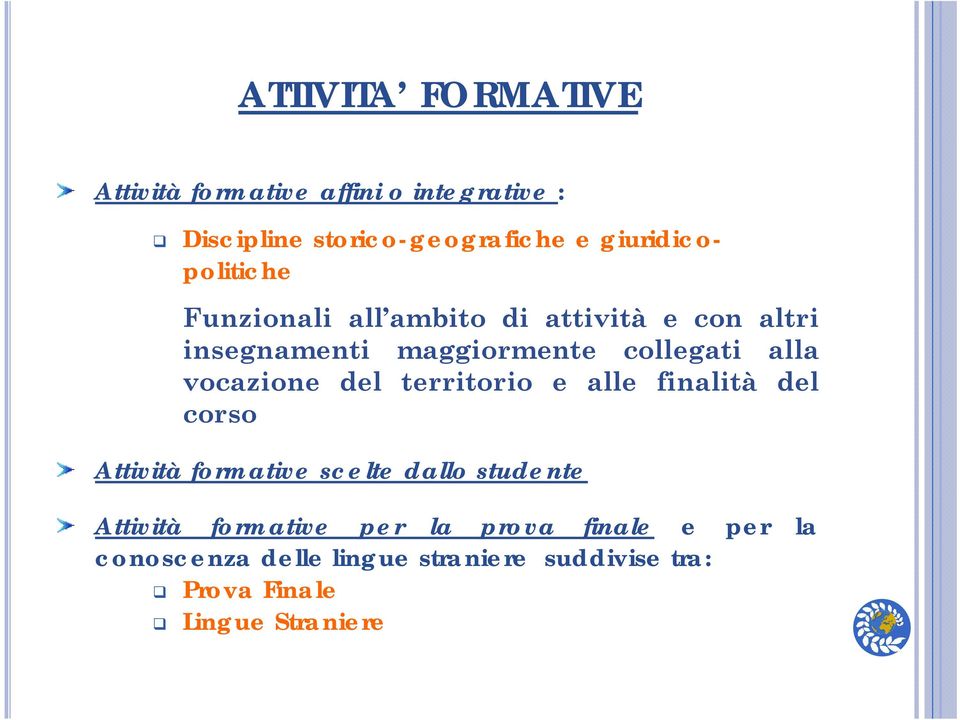 alla vocazione del territorio e alle finalità del corso Attività formative scelte dallo studente