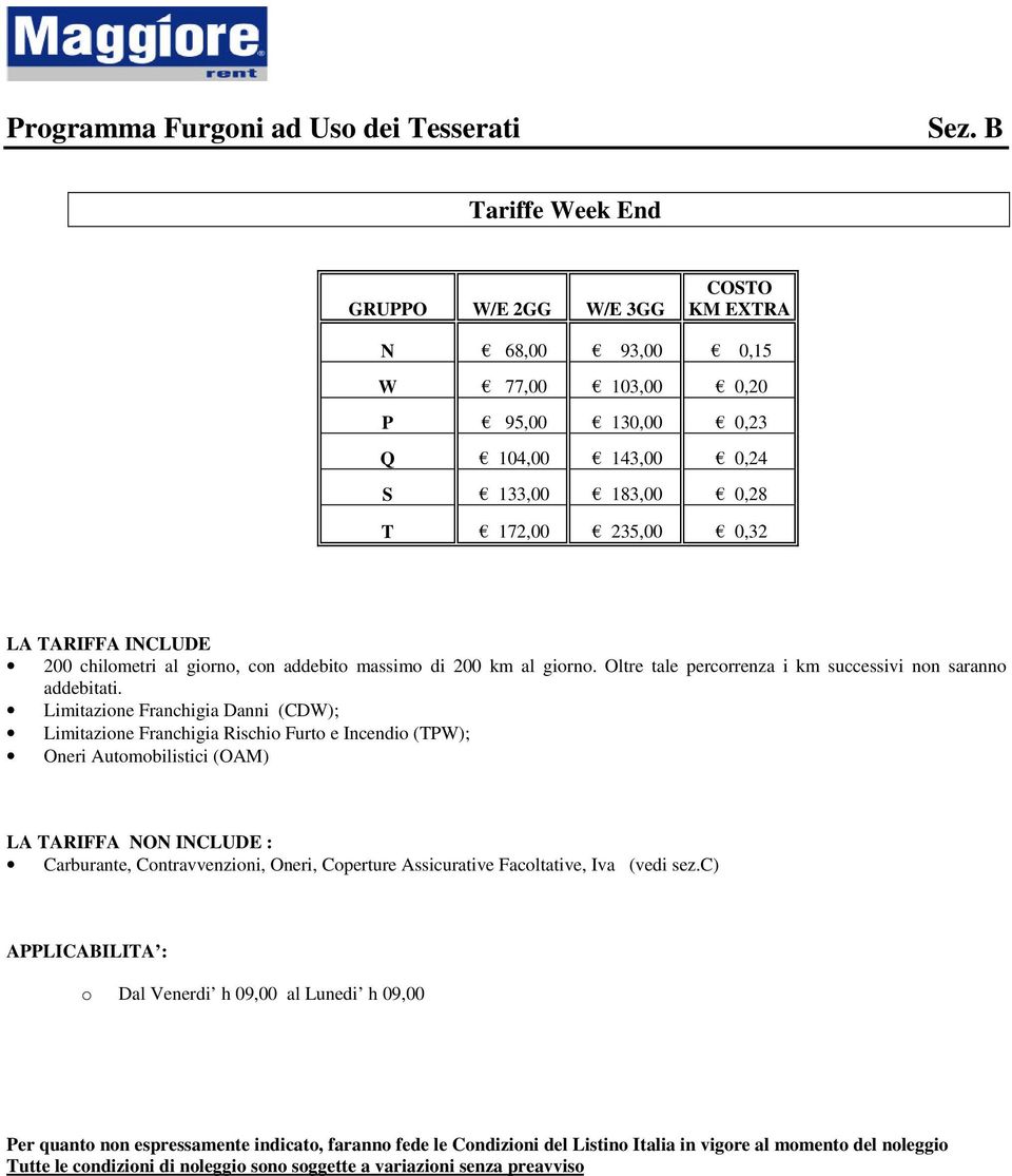 INCLUDE 200 chilometri al giorno, con addebito massimo di 200 km al giorno. Oltre tale percorrenza i km successivi non saranno addebitati.