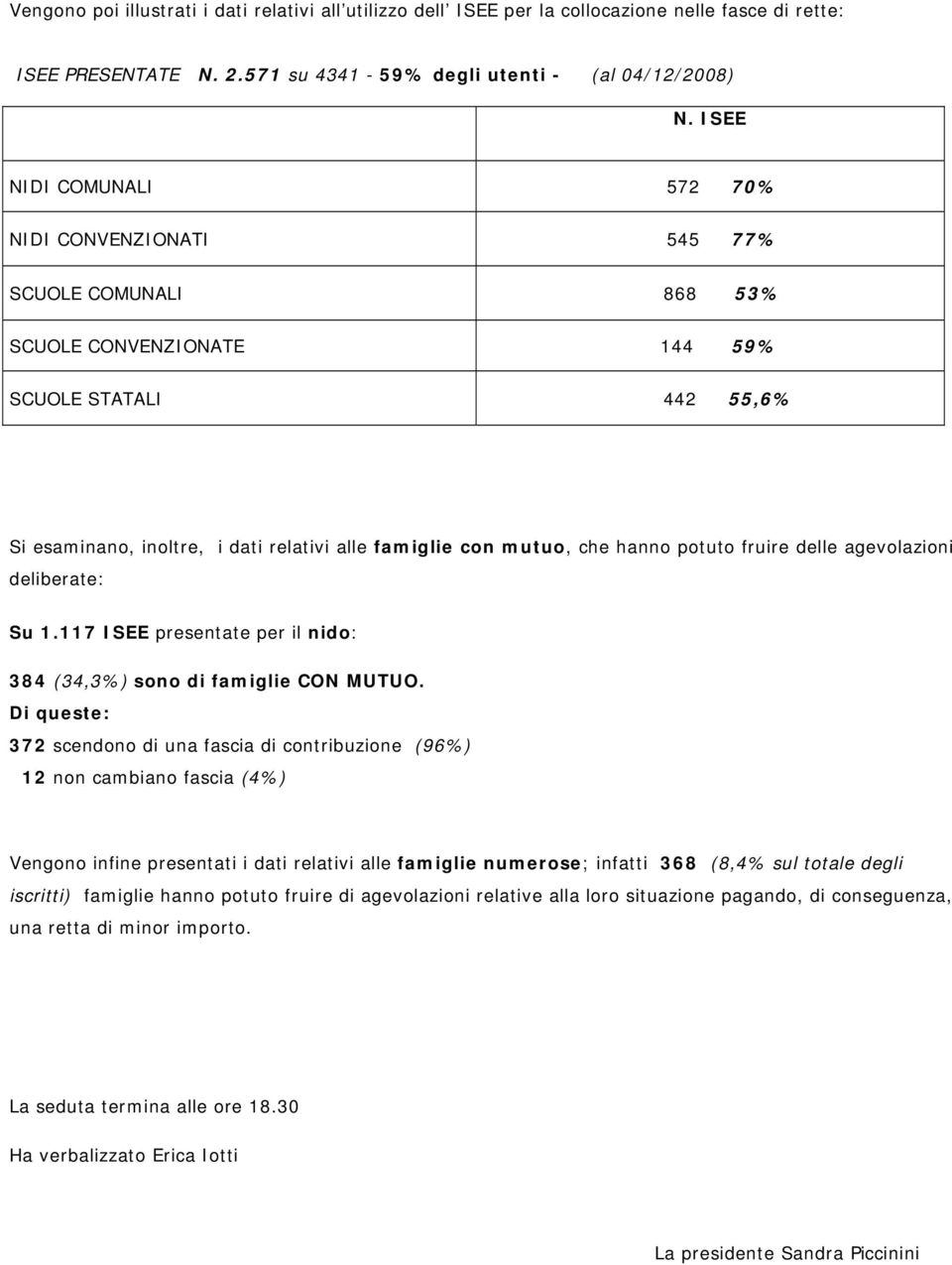 hanno potuto fruire delle agevolazioni deliberate: Su 1.117 ISEE presentate per il nido: 384 (34,3%) sono di famiglie CON MUTUO.