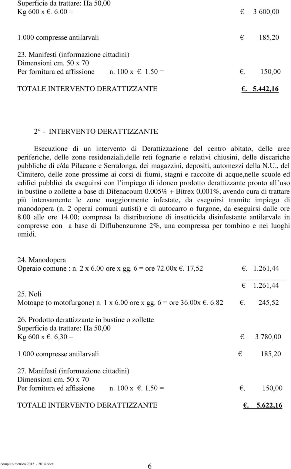 442,16 2 - INTERVENTO DERATTIZZANTE Esecuzione di un intervento di Derattizzazione del centro abitato, delle aree periferiche, delle zone residenziali,delle reti fognarie e relativi chiusini, delle