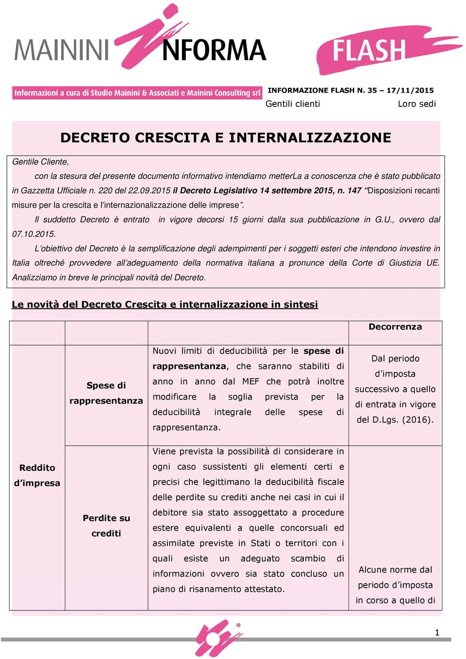 in Gazzetta Ufficiale n. 220 del 22.09.2015 il Decreto Legislativo 14 settembre 2015, n. 147 Disposizioni recanti misure per la crescita e l'internazionalizzazione delle imprese.