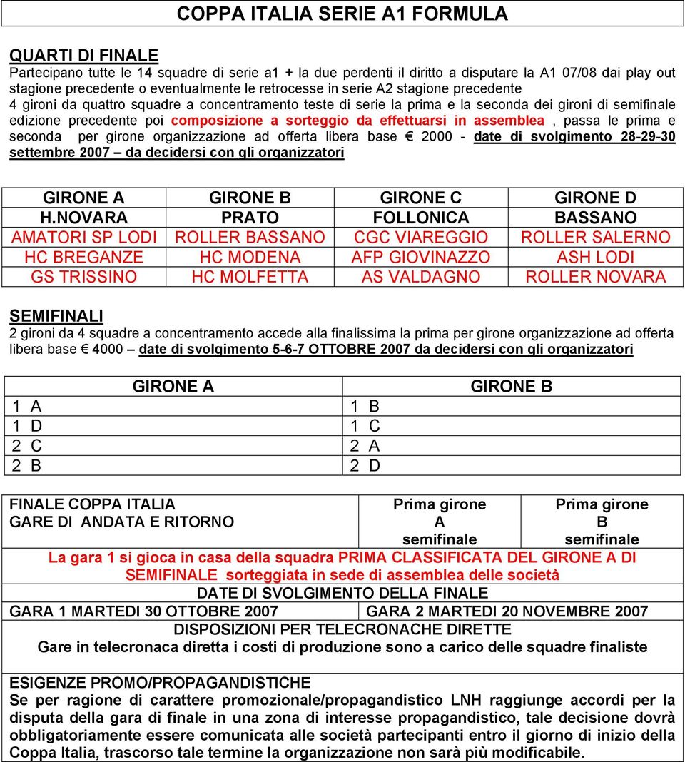 da effettuarsi in assemblea, passa le prima e seconda per girone organizzazione ad offerta libera base 2000 - date di svolgimento 28-29-30 settembre 2007 da decidersi con gli organizzatori GIRONE A