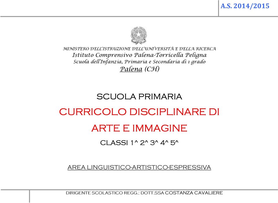 grado Palena (CH) SCUOLA PRIMARIA CURRICOLO RE DI ARTE E IMMAGINE CLASSI 1^ 2^ 3^ 4^ 5^