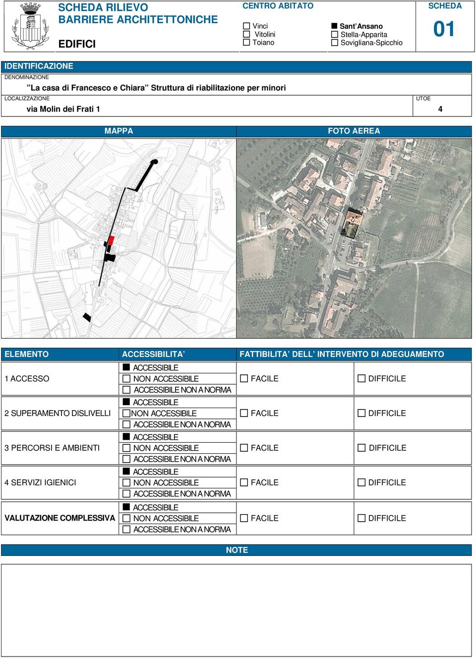 UTOE 4 MAPPA FOTO AEREA ELEMENTO ACCESSIBILITA FATTIBILITA DELL INTERVENTO DI ADEGUAMENTO 1 ACCESSO NON NON A NORMA 2 SUPERAMENTO