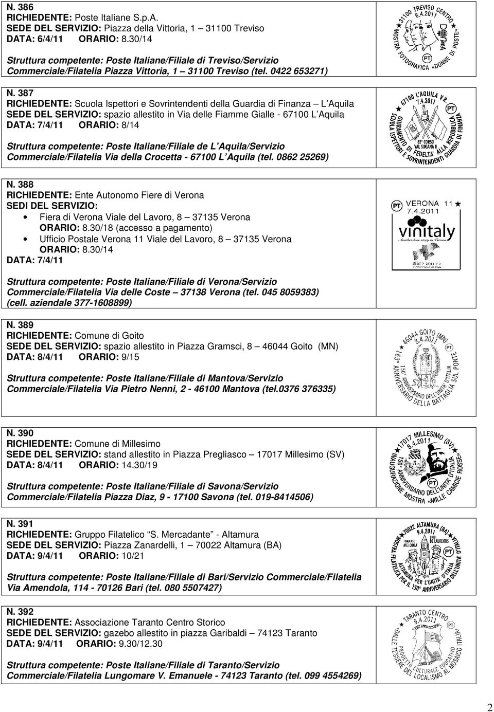 387 RICHIEDENTE: Scuola Ispettori e Sovrintendenti della Guardia di Finanza L Aquila SEDE DEL SERVIZIO: spazio allestito in Via delle Fiamme Gialle - 67100 L Aquila DATA: 7/4/11 ORARIO: 8/14