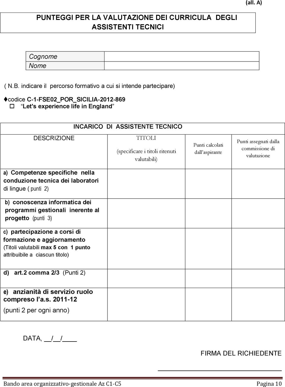 titoli ritenuti valutabili) Punti calcolati dall aspirante Punti assegnati dalla commissione di valutazione a) Competenze specifiche nella conduzione tecnica dei laboratori di lingue ( punti 2) b)